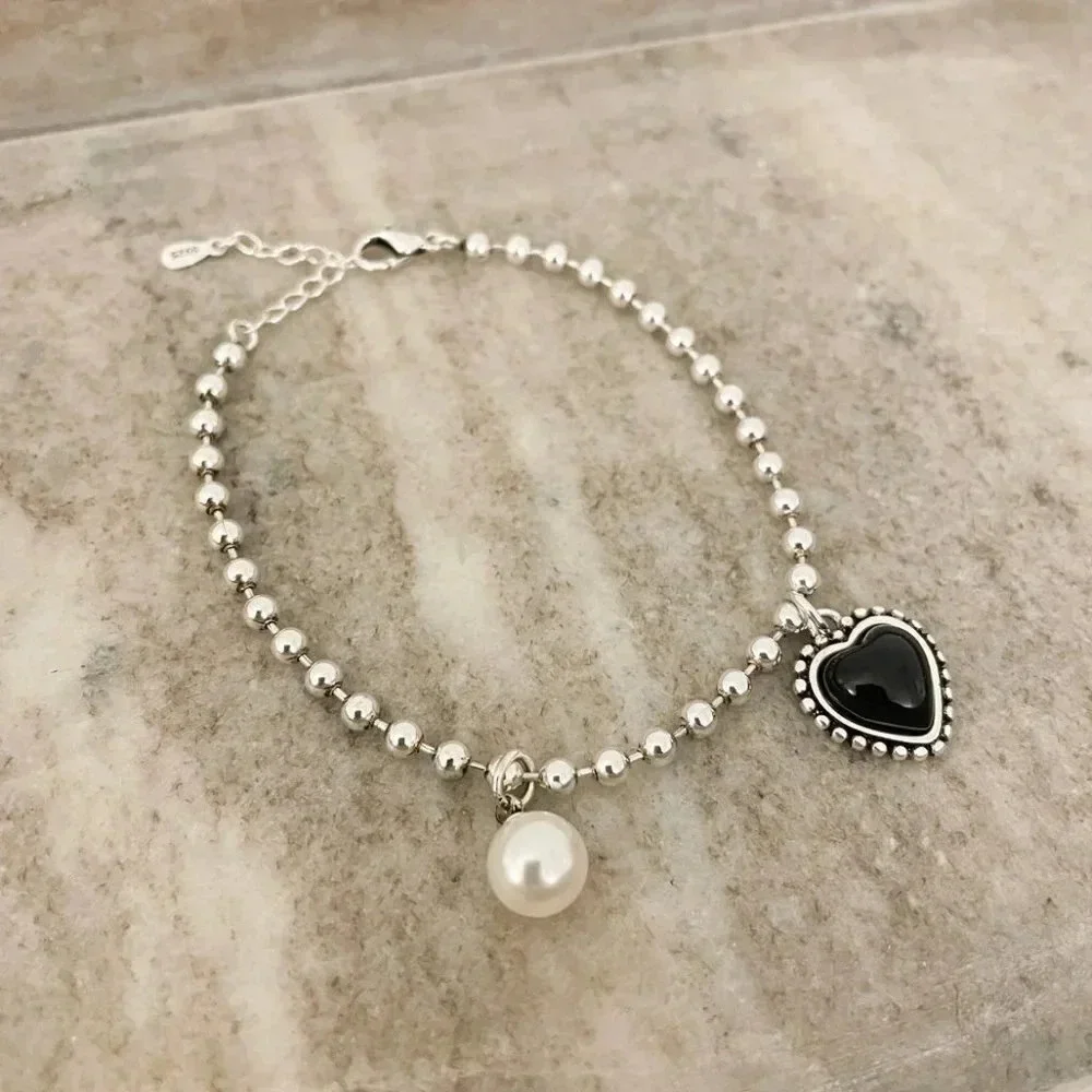 925 Sterling Silver Dainty Bead Bracelet Minimalist Heart & Pearl Charm Bracelet